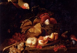 Bogdany Jakob Still Life Of Grapes A Halved Peach And Cherries Resting On A Table With A Parrot