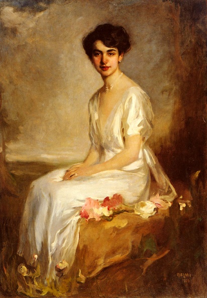 Halmi Arthur Lajos Portrait Of An Elegant Young Woman In A White Dress