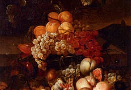 Bogdany Jakob Still Life Of Grapes Peaches And Figs With A Landscape Beyond